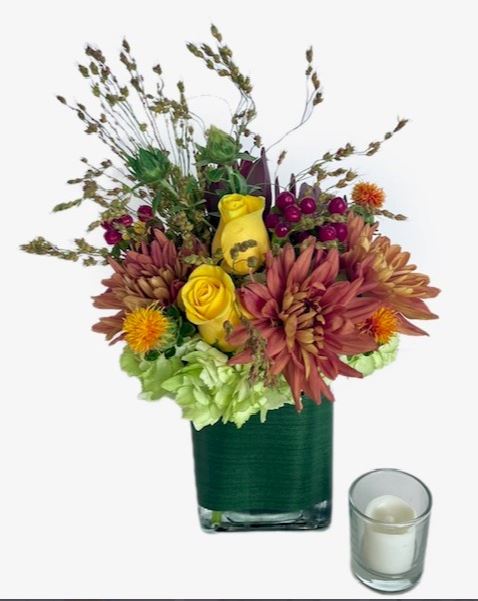 Fall flower arrangements with yellow roses, rust mums, and green hydrangea by PJs Flowers Phoenix